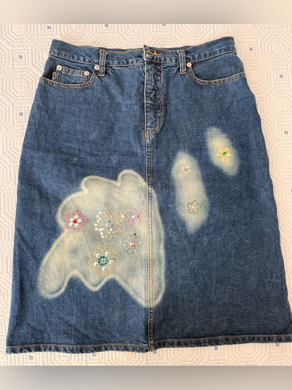 Moschino Blue Denim Midi Skirt with Painted Blotches & Rhinestone Flowers